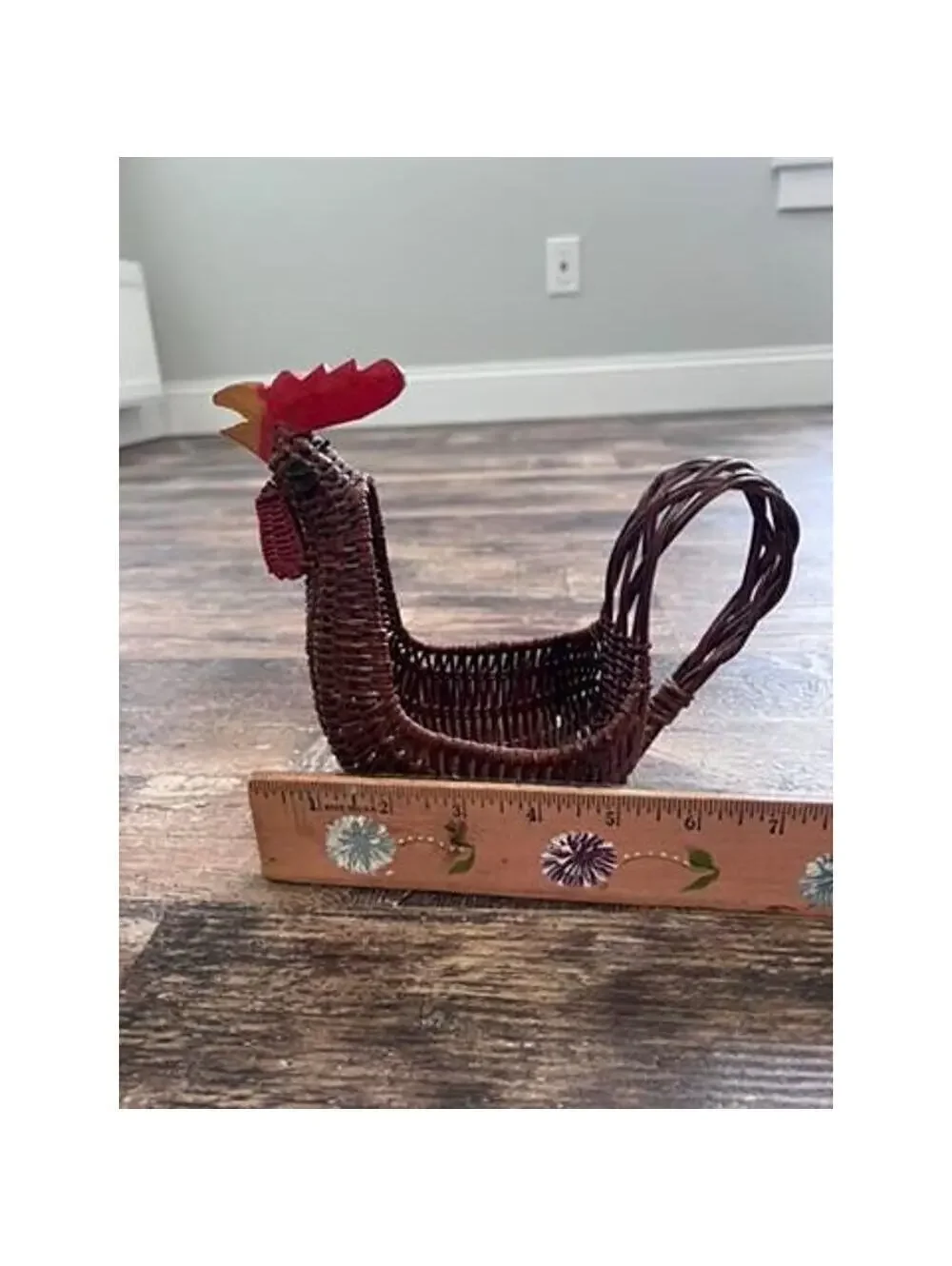 Vintage Wicker Rooster Basket | Handwoven Chicken with Carved Wooden Head
